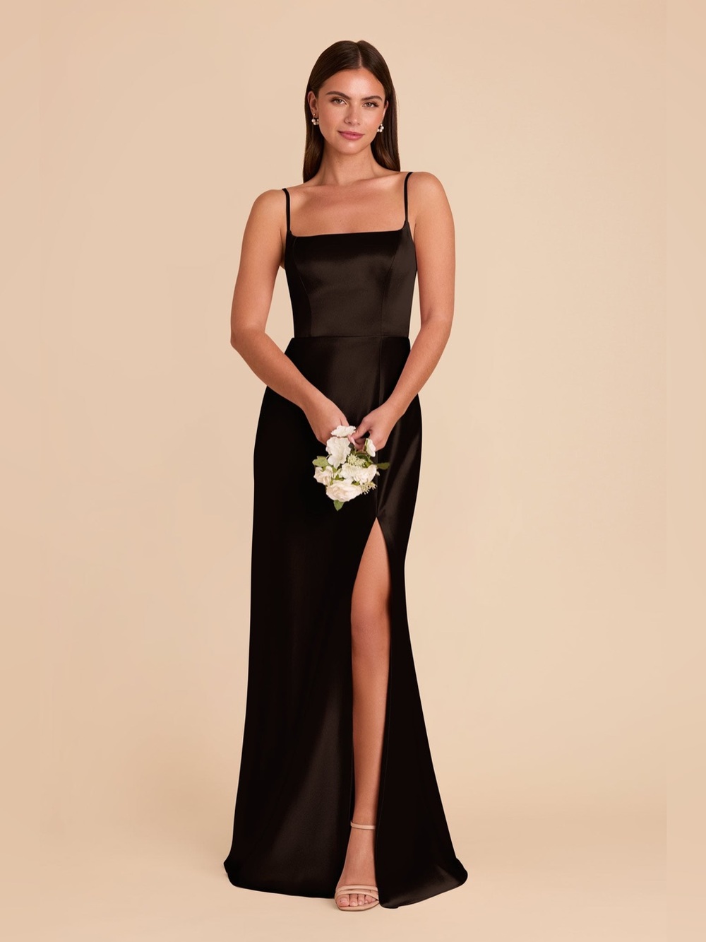 Birdy Grey Satin Maxi Dress Black Formal Bridesmaid Side Slit Size M